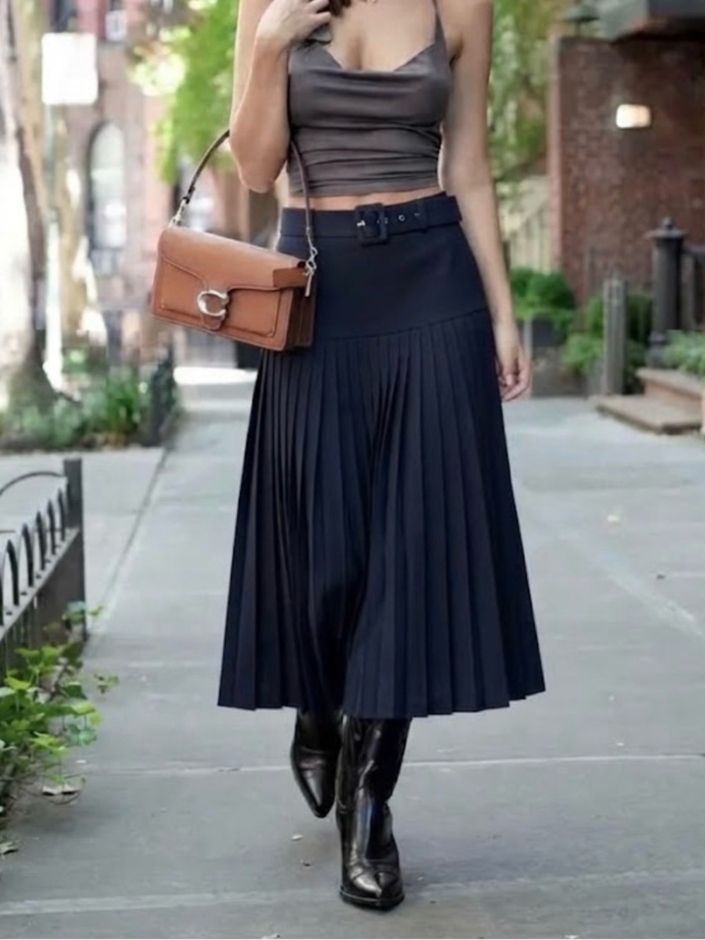 Pleated Midi Skirt with Belt - Navy